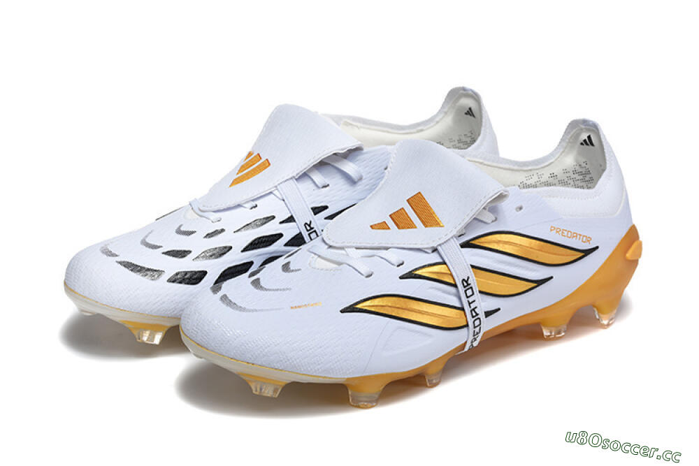 Men's Adidas Predator 26 Elite Fold-Over Tongue FG Firm Ground Low-Tops Football Boots - White/Gold Blaze/Black Accent 5