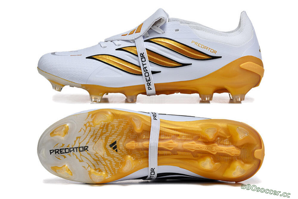 Men's Adidas Predator 26 Elite Fold-Over Tongue FG Firm Ground Low-Tops Football Boots - White/Gold Blaze/Black Accent 1