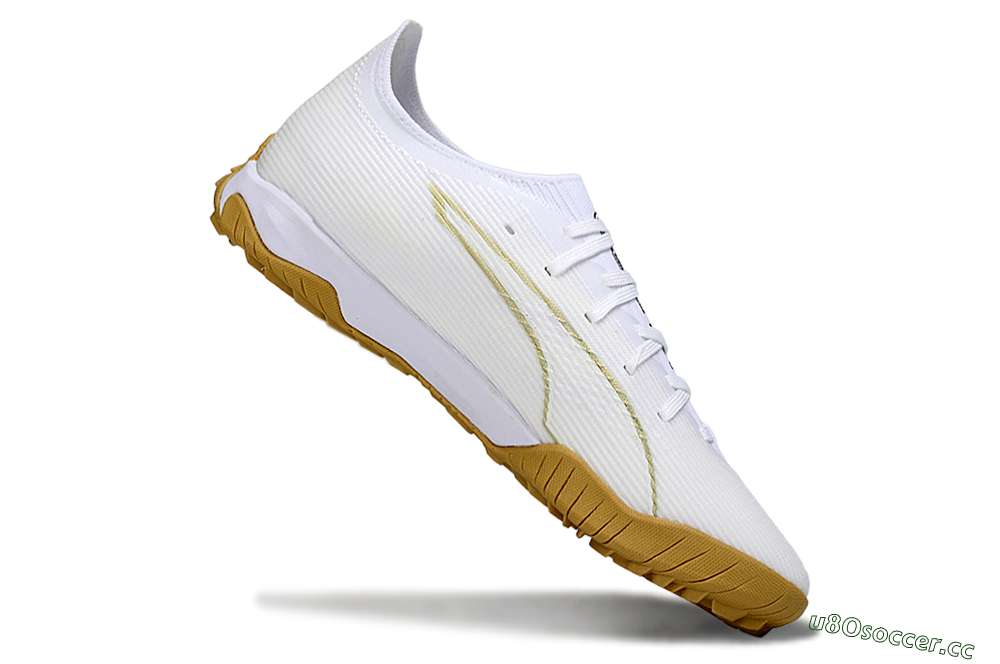 Men's Puma Ultra Ultimate TF Artificial Turf Low-Tops Football Shoes - White/Golden Touch/Tan Sole 4