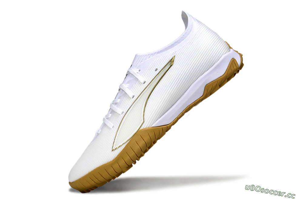 Men's Puma Ultra Ultimate TF Artificial Turf Low-Tops Football Shoes - White/Golden Touch/Tan Sole 5