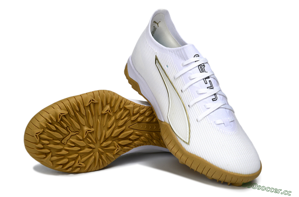 Men's Puma Ultra Ultimate TF Artificial Turf Low-Tops Football Shoes - White/Golden Touch/Tan Sole 3