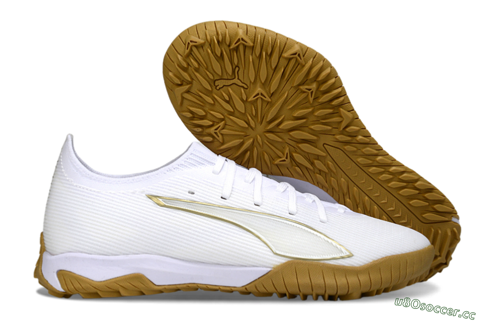 Men's Puma Ultra Ultimate TF Artificial Turf Low-Tops Football Shoes - White/Golden Touch/Tan Sole 2