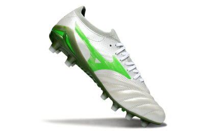 Men's Mizuno Morelia Neo 4 FG Firm Ground Low-Tops Football Boots - White/Vibrant Green/Graphite Grey