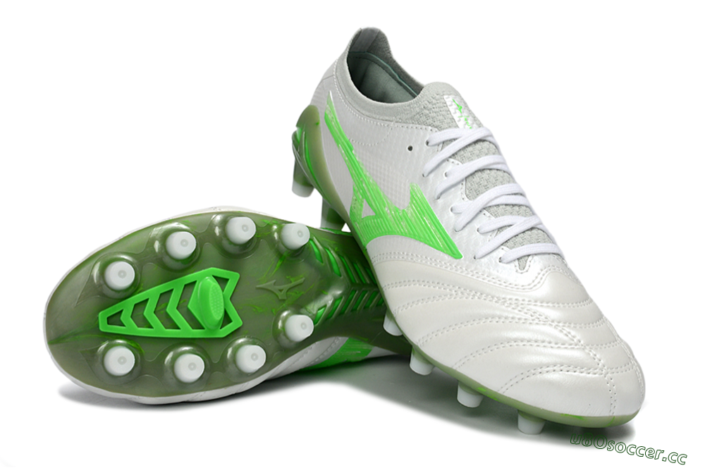 Men's Mizuno Morelia Neo 4 FG Firm Ground Low-Tops Football Boots - White/Vibrant Green/Graphite Grey 3