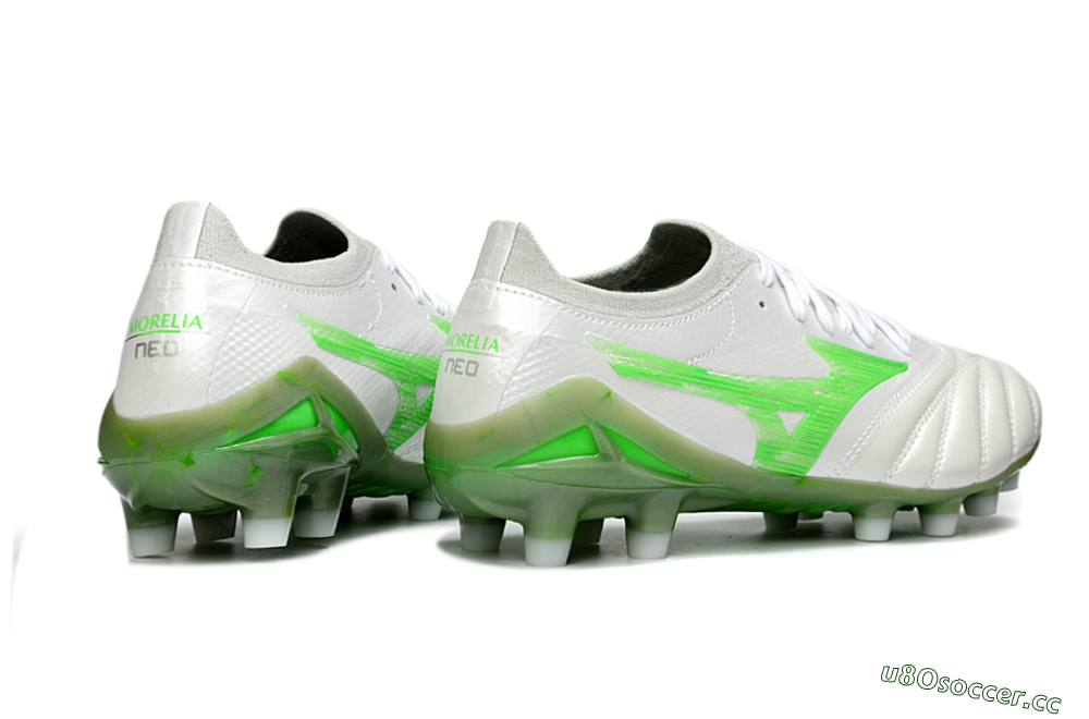 Men's Mizuno Morelia Neo 4 FG Firm Ground Low-Tops Football Boots - White/Vibrant Green/Graphite Grey 6