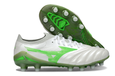 Men's Mizuno Morelia Neo 4 FG Firm Ground Low-Tops Football Boots - White/Vibrant Green/Graphite Grey