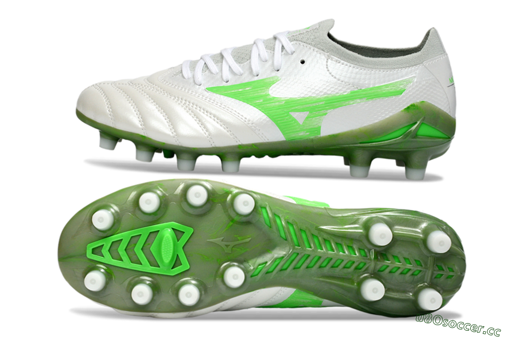 Men's Mizuno Morelia Neo 4 FG Firm Ground Low-Tops Football Boots - White/Vibrant Green/Graphite Grey 1
