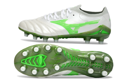 Men's Mizuno Morelia Neo 4 FG Firm Ground Low-Tops Football Boots - White/Vibrant Green/Graphite Grey