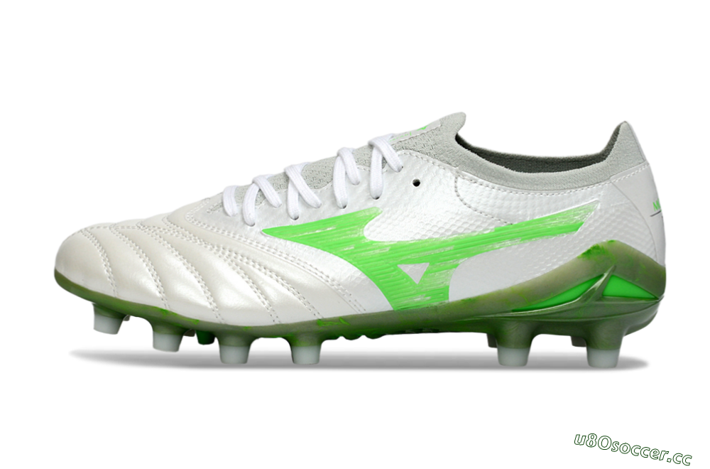 Men's Mizuno Morelia Neo 4 FG Firm Ground Low-Tops Football Boots - White/Vibrant Green/Graphite Grey 0
