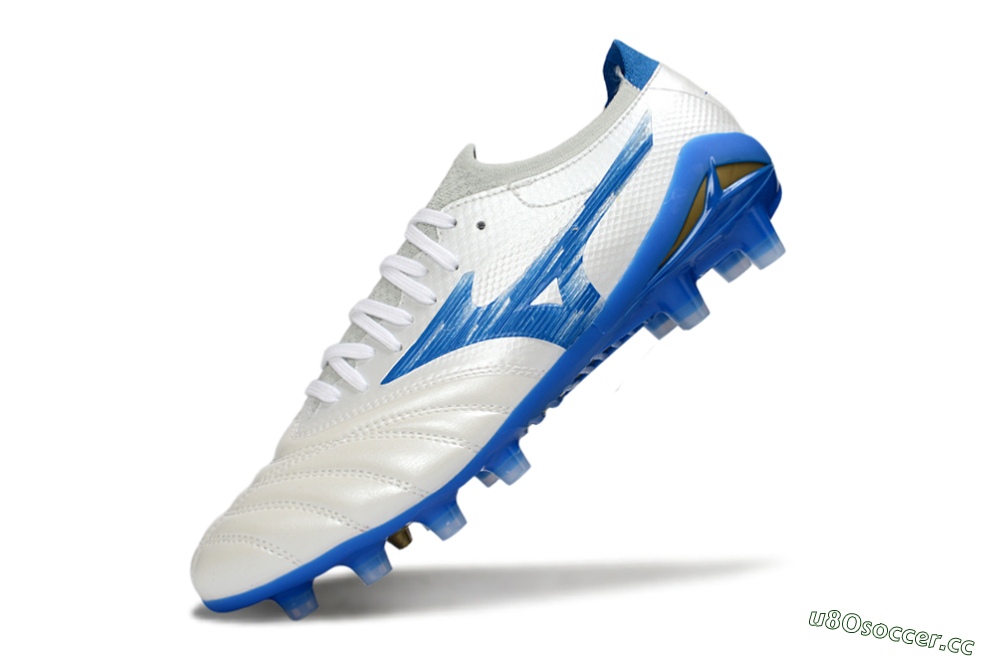 Men's Mizuno Morelia Neo 4 FG Firm Ground Low-Tops Football Boots - White/Sky Blue/Royal Blue 5