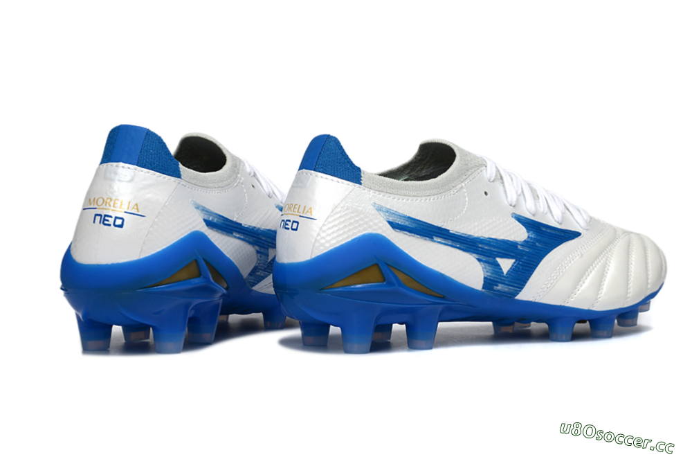 Men's Mizuno Morelia Neo 4 FG Firm Ground Low-Tops Football Boots - White/Sky Blue/Royal Blue 6
