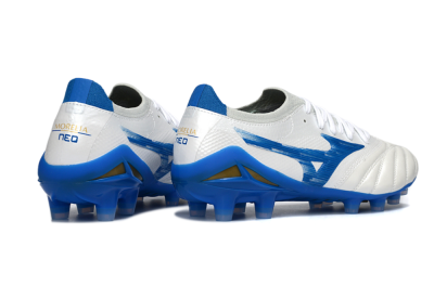Men's Mizuno Morelia Neo 4 FG Firm Ground Low-Tops Football Boots - White/Sky Blue/Royal Blue