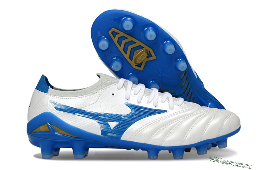 Men's Mizuno Morelia Neo 4 FG Firm Ground Low-Tops Football Boots - White/Sky Blue/Royal Blue 2