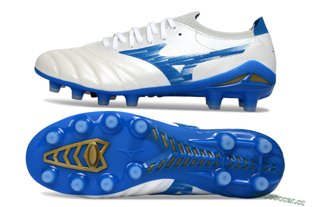 Men's Mizuno Morelia Neo 4 FG Firm Ground Low-Tops Football Boots - White/Sky Blue/Royal Blue 1