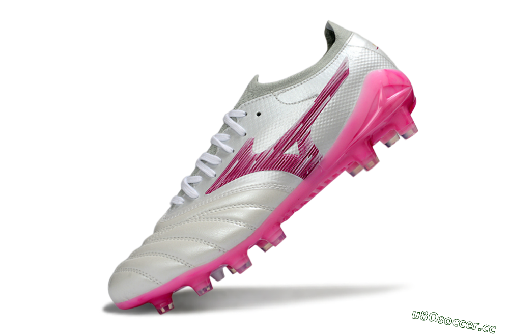 Men's Mizuno Morelia Neo 4 FG Firm Ground Low-Tops Football Boots - White/Electric Pink/Metallic Silver 5