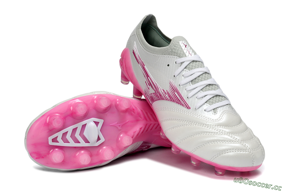 Men's Mizuno Morelia Neo 4 FG Firm Ground Low-Tops Football Boots - White/Electric Pink/Metallic Silver 3