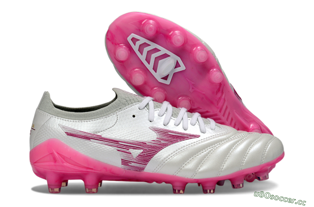 Men's Mizuno Morelia Neo 4 FG Firm Ground Low-Tops Football Boots - White/Electric Pink/Metallic Silver 2