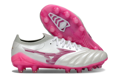 Men's Mizuno Morelia Neo 4 FG Firm Ground Low-Tops Football Boots - White/Electric Pink/Metallic Silver