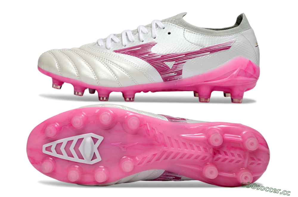 Men's Mizuno Morelia Neo 4 FG Firm Ground Low-Tops Football Boots - White/Electric Pink/Metallic Silver 1