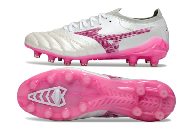 Men's Mizuno Morelia Neo 4 FG Firm Ground Low-Tops Football Boots - White/Electric Pink/Metallic Silver