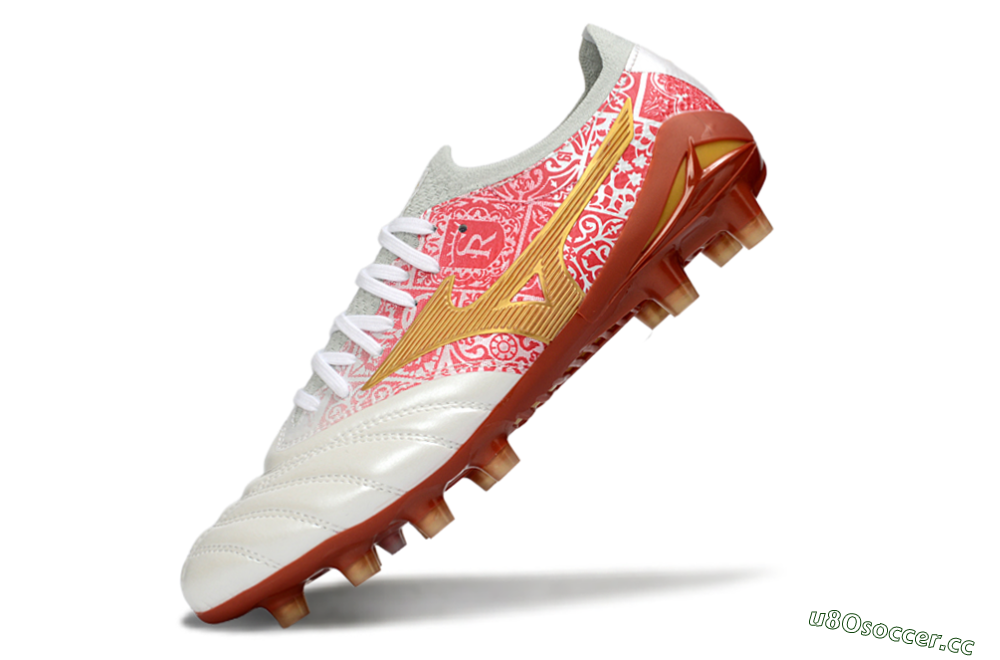 Men's Mizuno Morelia Neo 4 FG Firm Ground Low-Tops Football Boots - White/Scarlet Red/Copper Brown 5