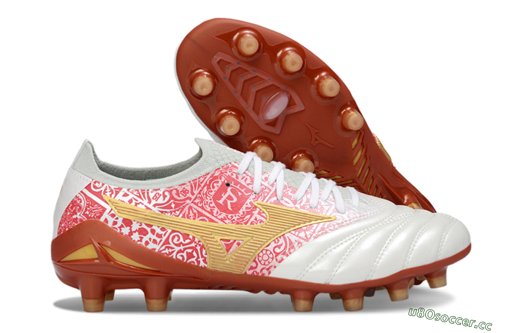 Men's Mizuno Morelia Neo 4 FG Firm Ground Low-Tops Football Boots - White/Scarlet Red/Copper Brown 2