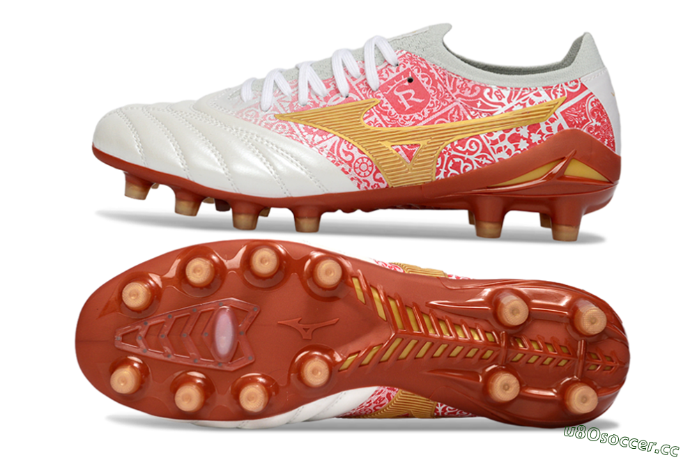 Men's Mizuno Morelia Neo 4 FG Firm Ground Low-Tops Football Boots - White/Scarlet Red/Copper Brown 1