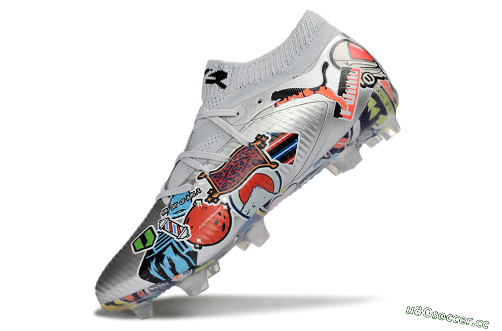 Men's Puma Future 8 Ultimate FG Firm Ground Low-Tops Football Boots - Silver/Vibrant Graffiti/Multi-Color Design 5