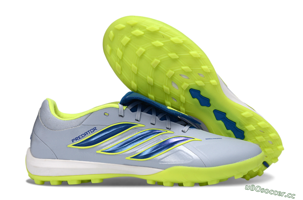 Men's Adidas Predator Elite Fold-Over Tongue TF Artificial Turf Low-Tops Football Shoes - Gray/Lime Green/Navy Blue 2