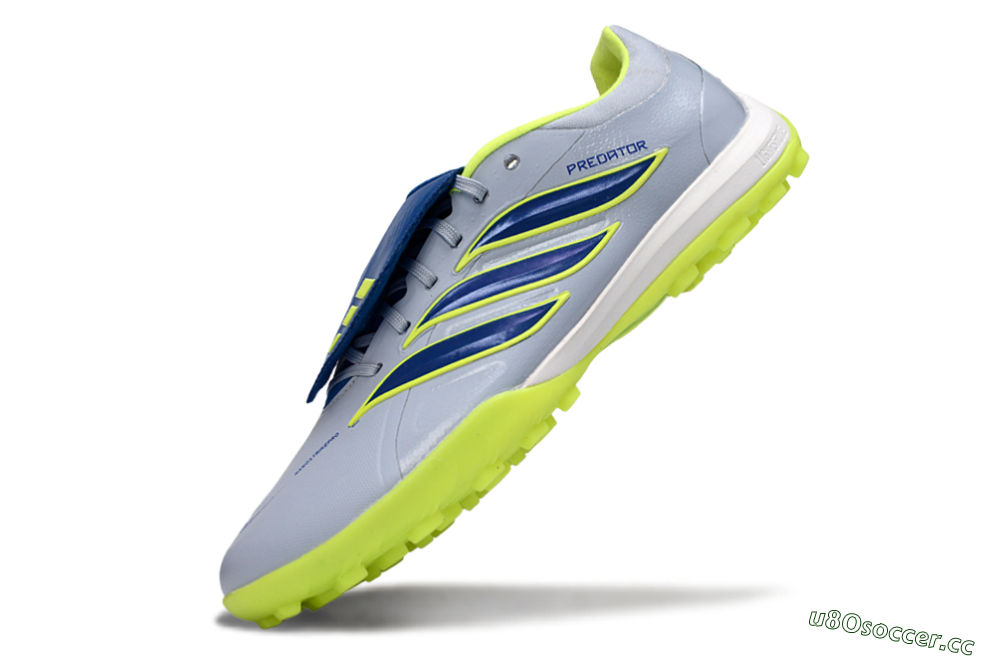 Men's Adidas Predator Elite Fold-Over Tongue TF Artificial Turf Low-Tops Football Shoes - Gray/Lime Green/Navy Blue 5