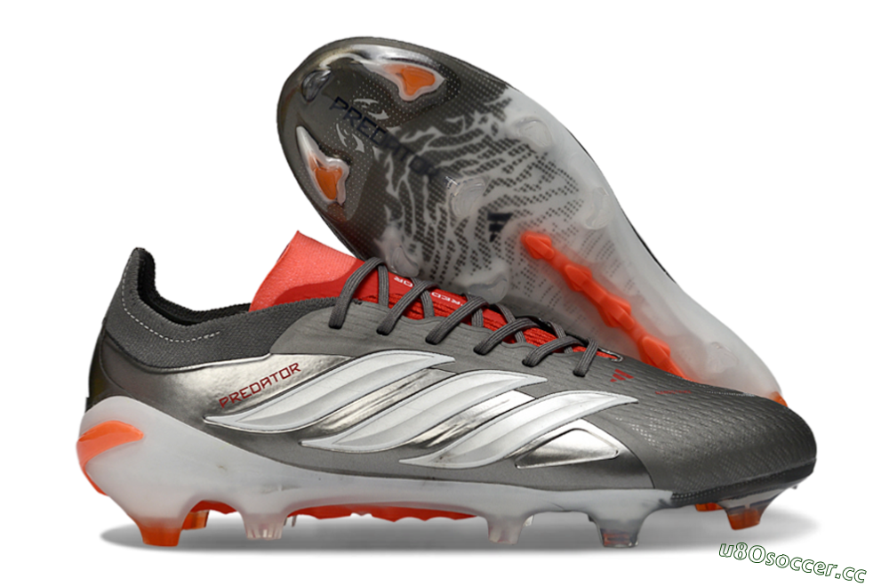 Men's Adidas Predator 26 Elite FG Firm Ground Low-Tops Football Boots - Gray/Vibrant Red/Metallic Silver 2
