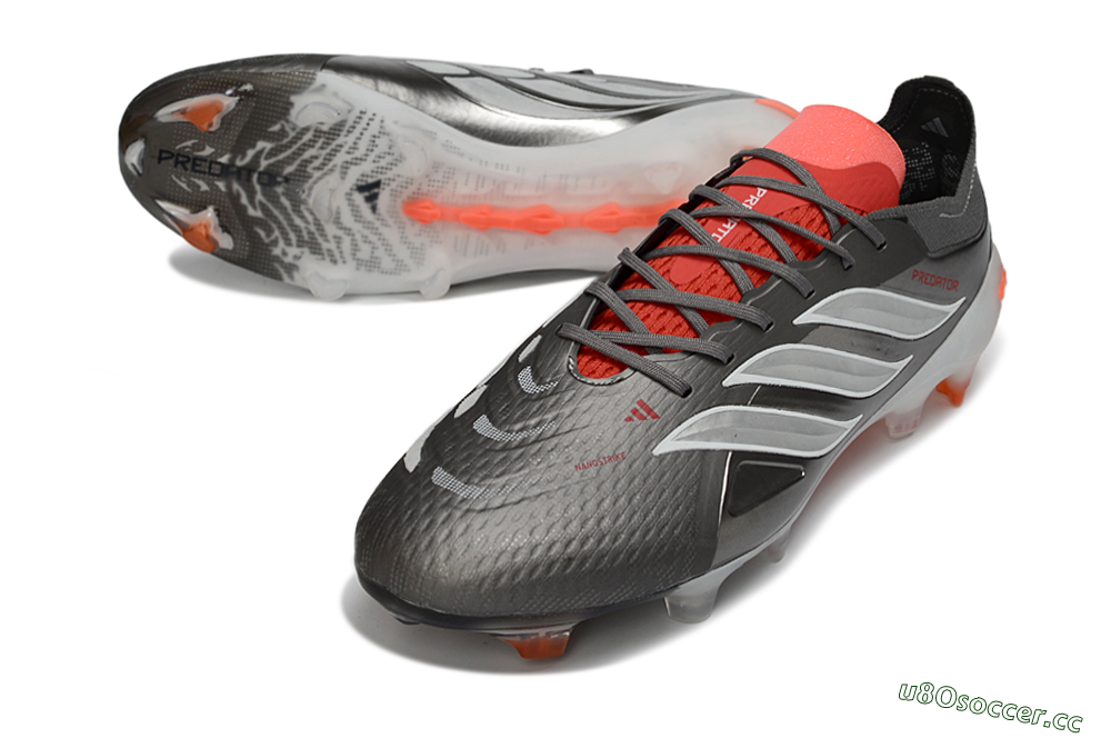 Men's Adidas Predator 26 Elite FG Firm Ground Low-Tops Football Boots - Gray/Vibrant Red/Metallic Silver 3