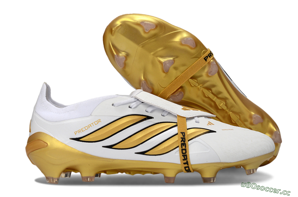 Men's Adidas Predator 26 Elite Fold-Over Tongue FG Firm Ground Low-Tops Football Boots - White/Golden Highlights/Black Accents 2