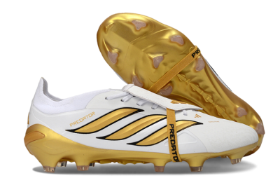 Men's Adidas Predator 26 Elite Fold-Over Tongue FG Firm Ground Low-Tops Football Boots - White/Golden Highlights/Black Accents