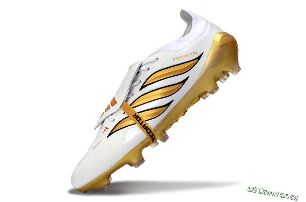 Men's Adidas Predator 26 Elite Fold-Over Tongue FG Firm Ground Low-Tops Football Boots - White/Golden Highlights/Black Accents 5