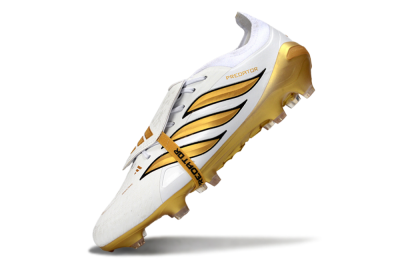 Men's Adidas Predator 26 Elite Fold-Over Tongue FG Firm Ground Low-Tops Football Boots - White/Golden Highlights/Black Accents