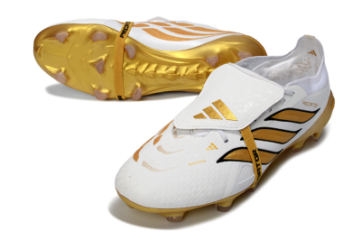 Men's Adidas Predator 26 Elite Fold-Over Tongue FG Firm Ground Low-Tops Football Boots - White/Golden Highlights/Black Accents