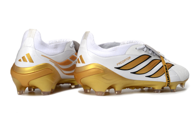 Men's Adidas Predator 26 Elite Fold-Over Tongue FG Firm Ground Low-Tops Football Boots - White/Golden Highlights/Black Accents