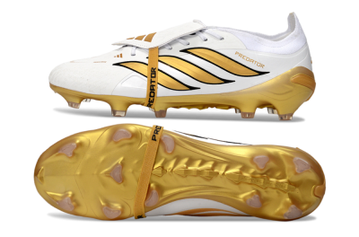 Men's Adidas Predator 26 Elite Fold-Over Tongue FG Firm Ground Low-Tops Football Boots - White/Golden Highlights/Black Accents