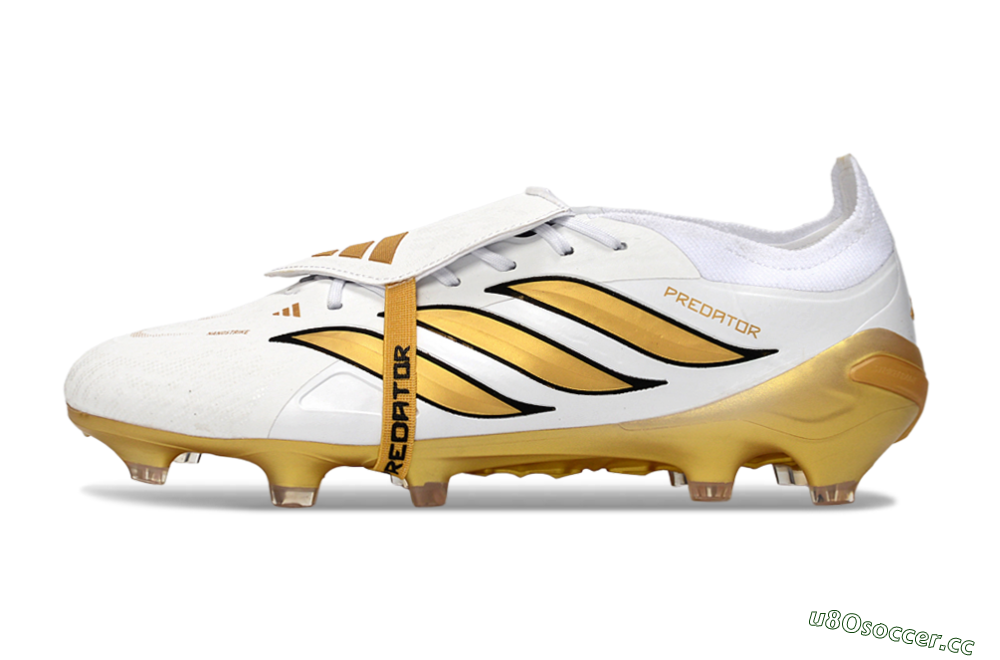 Men's Adidas Predator 26 Elite Fold-Over Tongue FG Firm Ground Low-Tops Football Boots - White/Golden Highlights/Black Accents 0