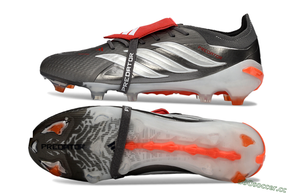 Men's Adidas Predator 26 Elite Fold-Over Tongue FG Firm Ground Low-Tops Football Boots - Gray/Electric Orange/Metallic Silver 1