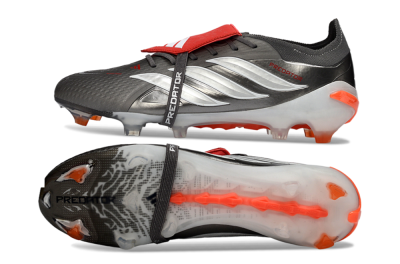 Men's Adidas Predator 26 Elite Fold-Over Tongue FG Firm Ground Low-Tops Football Boots - Gray/Electric Orange/Metallic Silver