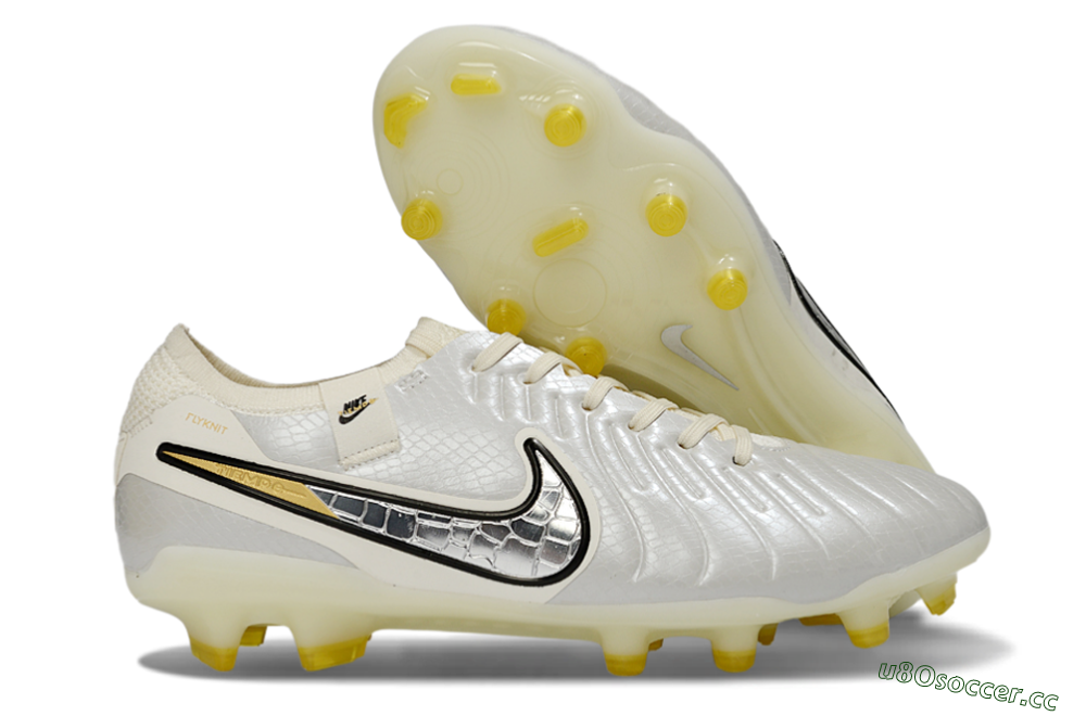 Men's Nike Tiempo Legend 10 Elite FG Firm Ground Low-Tops Football Boots - White/Ivory Mist/Black Gold 2