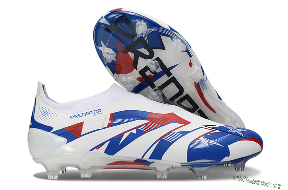 Unisex Adidas Predator 25 Elite Laceless FG Firm Ground Low-Tops Football Boots - White/Royal Blue/Fiery Red 2