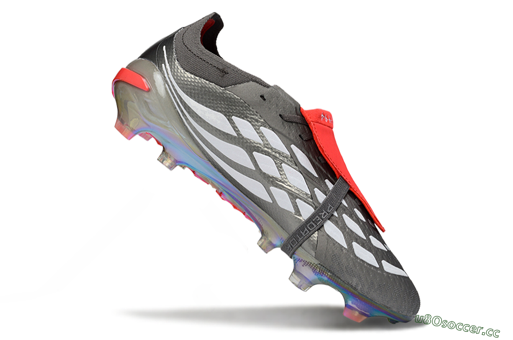 Men's Adidas Predator 26 Elite Fold-Over Tongue FG Firm Ground Low-Tops Football Boots - Gray/Electric Silver/Fire Red 4