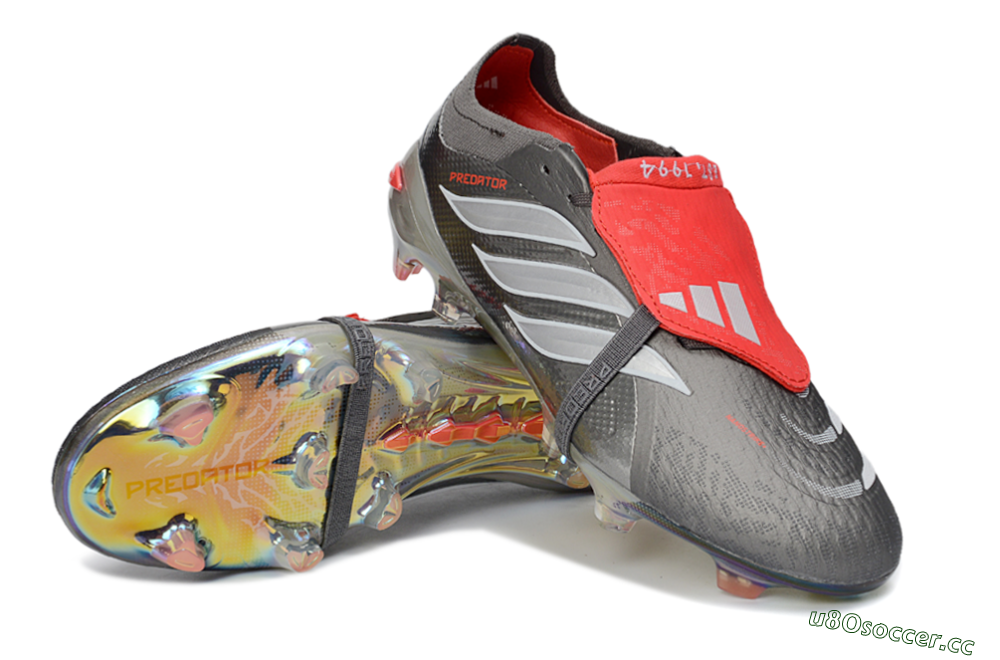 Men's Adidas Predator 26 Elite Fold-Over Tongue FG Firm Ground Low-Tops Football Boots - Gray/Electric Silver/Fire Red 3