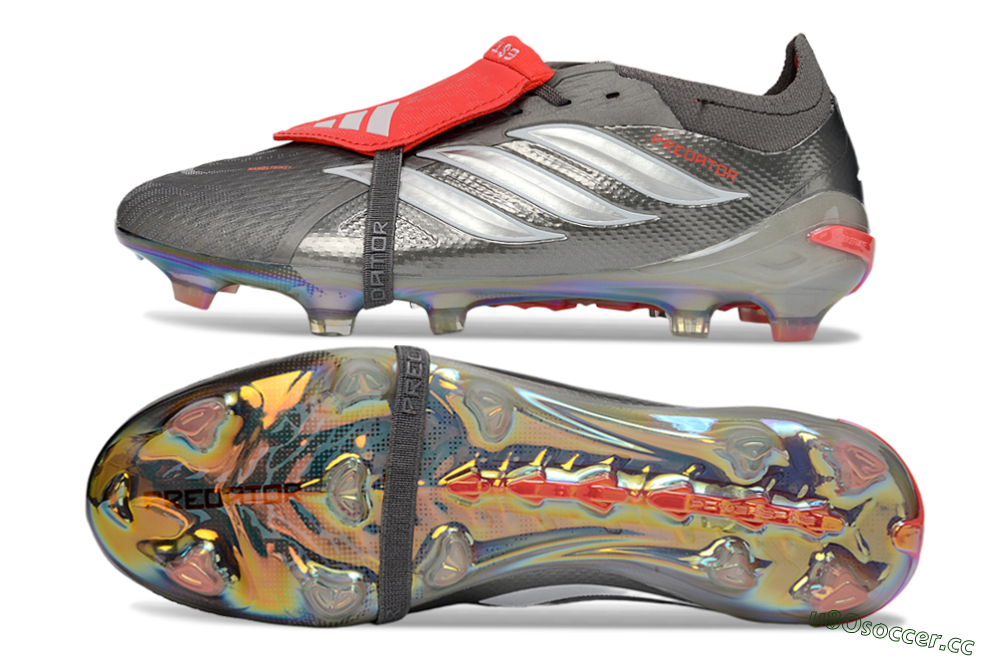 Men's Adidas Predator 26 Elite Fold-Over Tongue FG Firm Ground Low-Tops Football Boots - Gray/Electric Silver/Fire Red 1