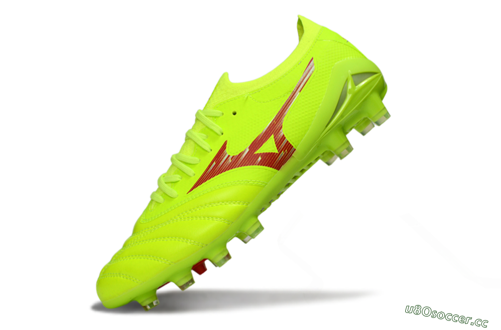 Men's Mizuno Morelia Neo 4 FG Firm Ground Low-Tops Football Boots - Lime/Electric Green/Crimson Red 5