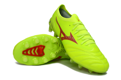 Men's Mizuno Morelia Neo 4 FG Firm Ground Low-Tops Football Boots - Lime/Electric Green/Crimson Red