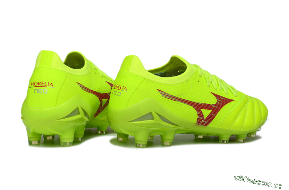 Men's Mizuno Morelia Neo 4 FG Firm Ground Low-Tops Football Boots - Lime/Electric Green/Crimson Red 6